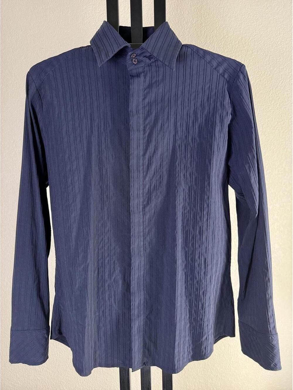 7 Diamonds Mens L Black Tonal Pintuck Stripe Stretch Long Sleeve Button Shirt